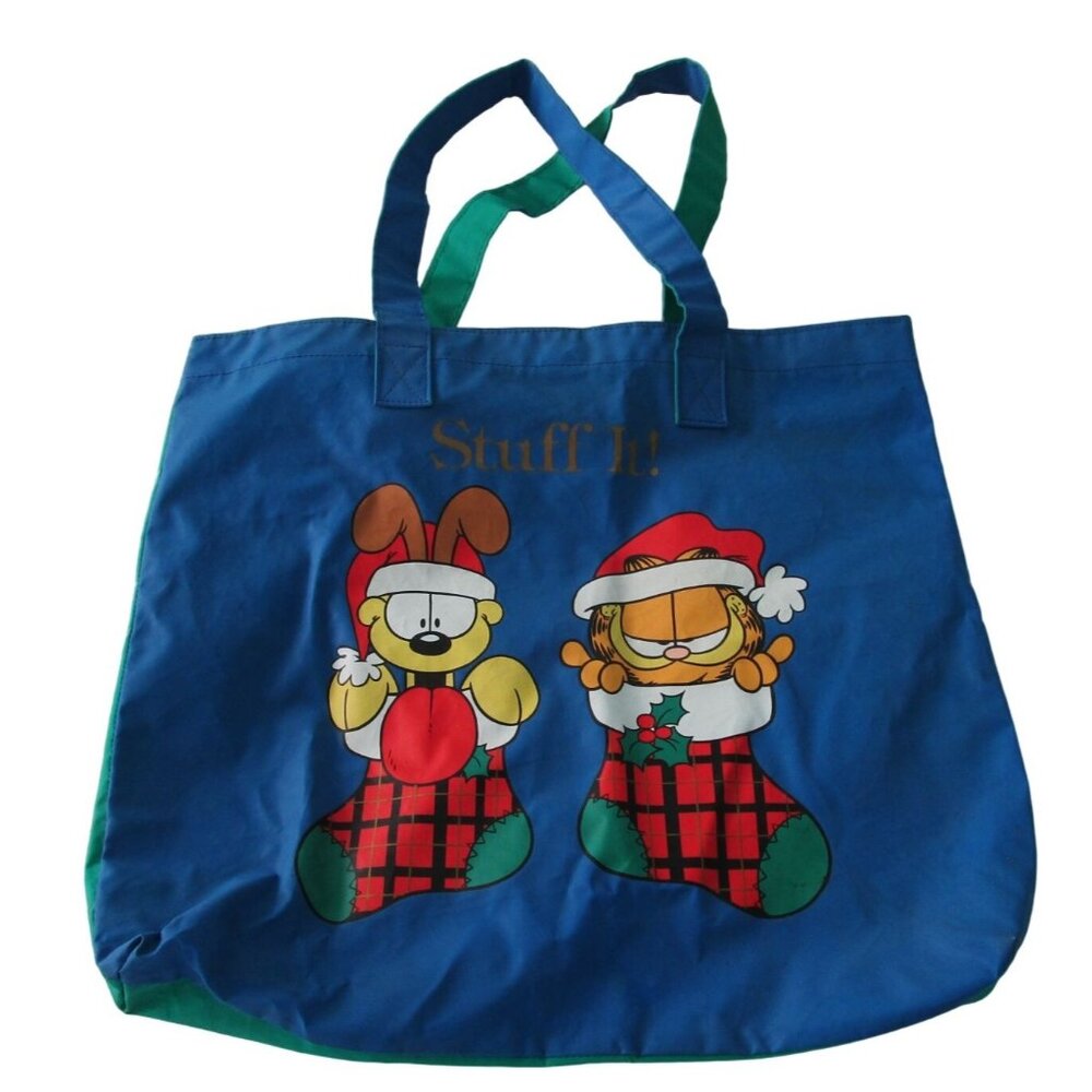 Garfield Odie In Stockings Stuff It Christmas Tote Bag Blue Green Vinyl GUC